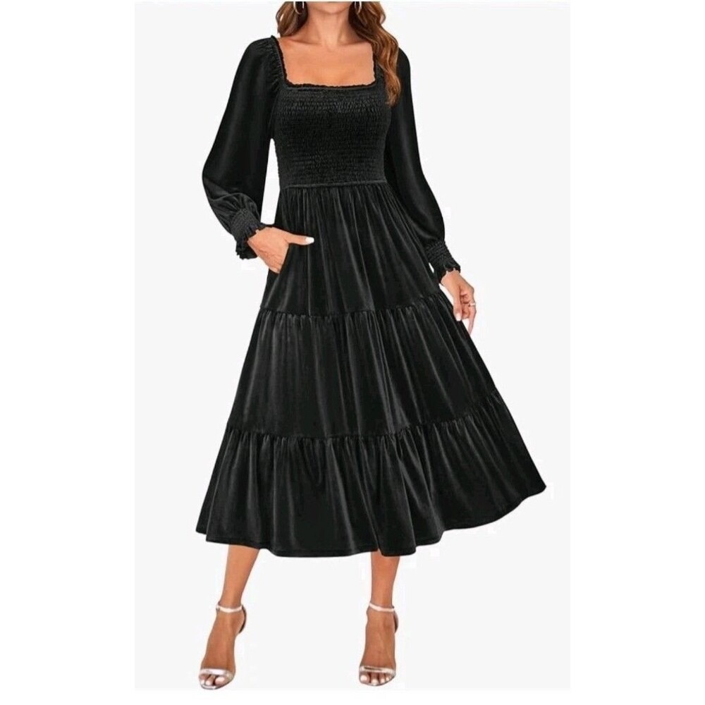 ZESICA Black Velvet Square Neck Long Sleeve Dress - Large Smocked Fit & Flare